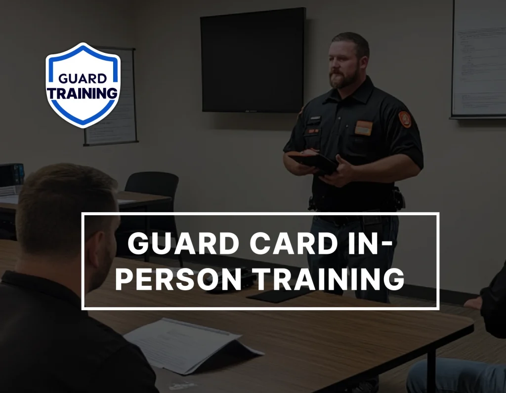 Security trainer presenting an in-person guard card training class in a conference room
