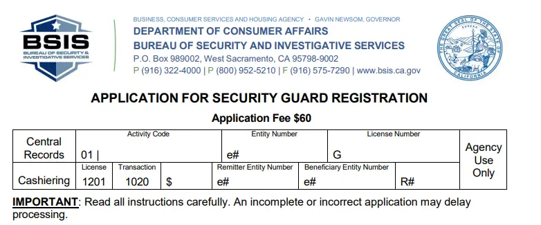 BSIS application for security guard registration used in California guard card classes online