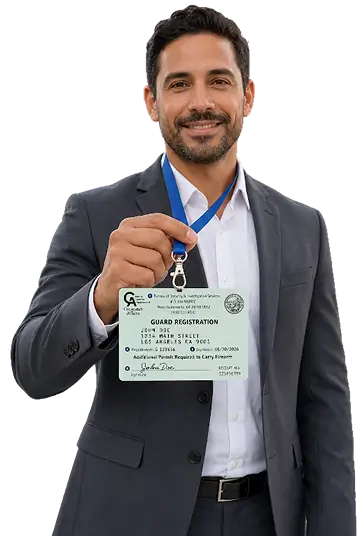 Security professional holding a guard registration card after completing Guard Training guard card classes online