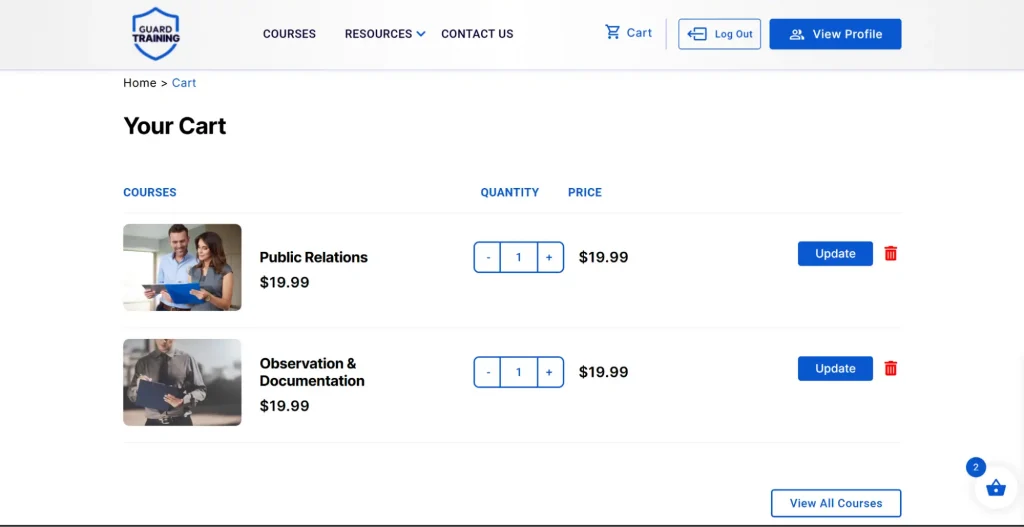 Guard Training cart showing online security training courses ready for checkout
