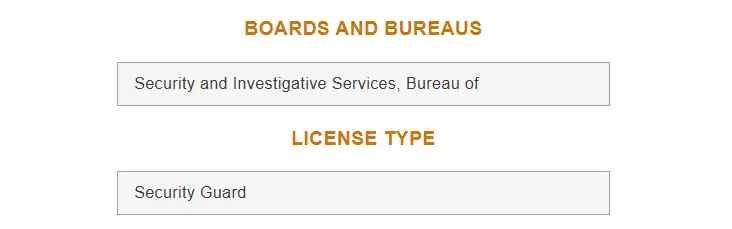 BSIS license type selection for Security Guard registration in Guard Training online security training