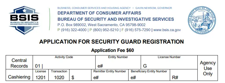 California BSIS application for security guard registration used in Guard Training guard card classes online