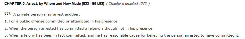 California private person arrest law excerpt for security guard training and legal education