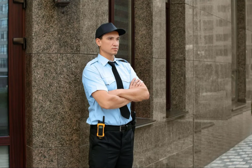 Security guard standing outside a commercial building after professional guard training with Guard Training