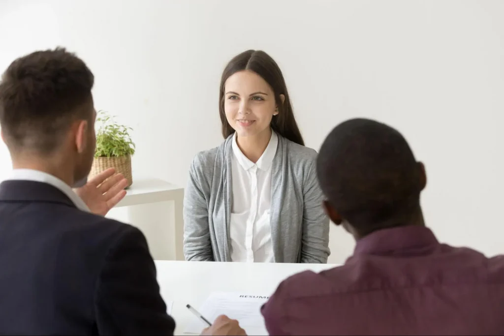 Security guard job candidate interviewing after completing career-focused guard training with Guard Training