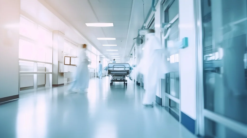 Hospital corridor with medical staff and a patient bed