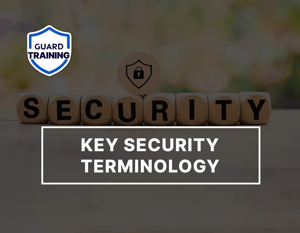 Guard Training graphic highlighting key security guard terminology and essential security concepts.
