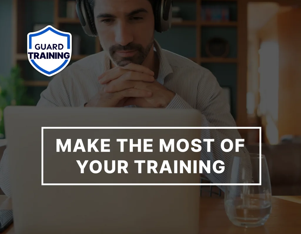Man wearing headphones and looking at a laptop, with the text “Make the Most of Your Training.”