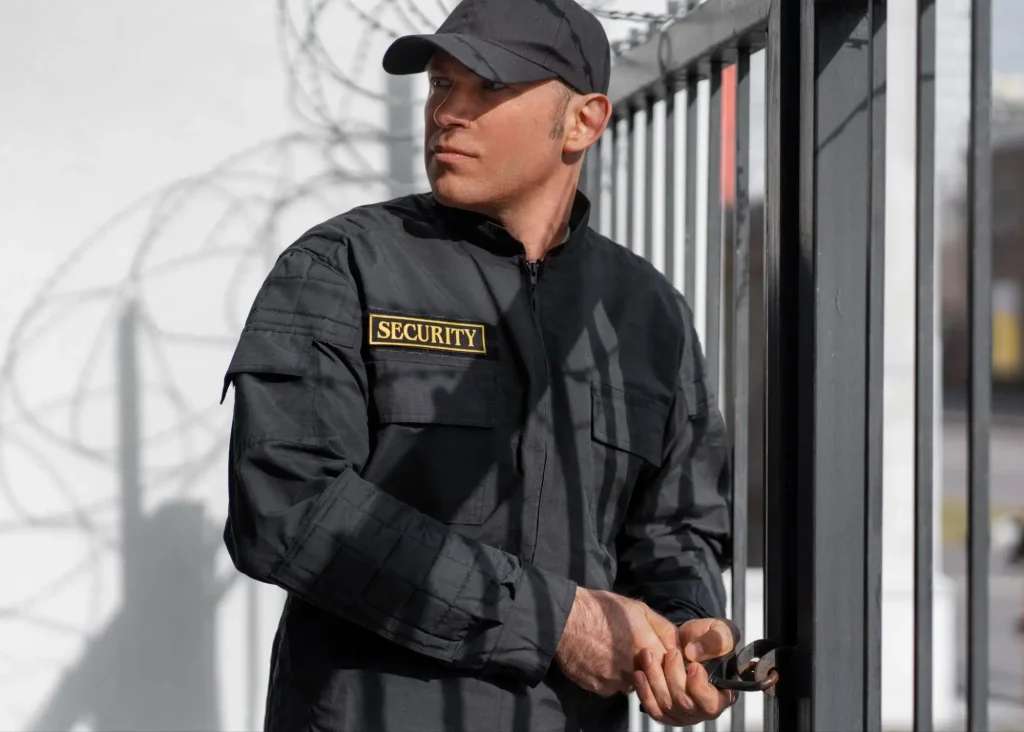 Security guard in black uniform securing a gated entrance with a padlock, demonstrating access control skills used in security guard training.