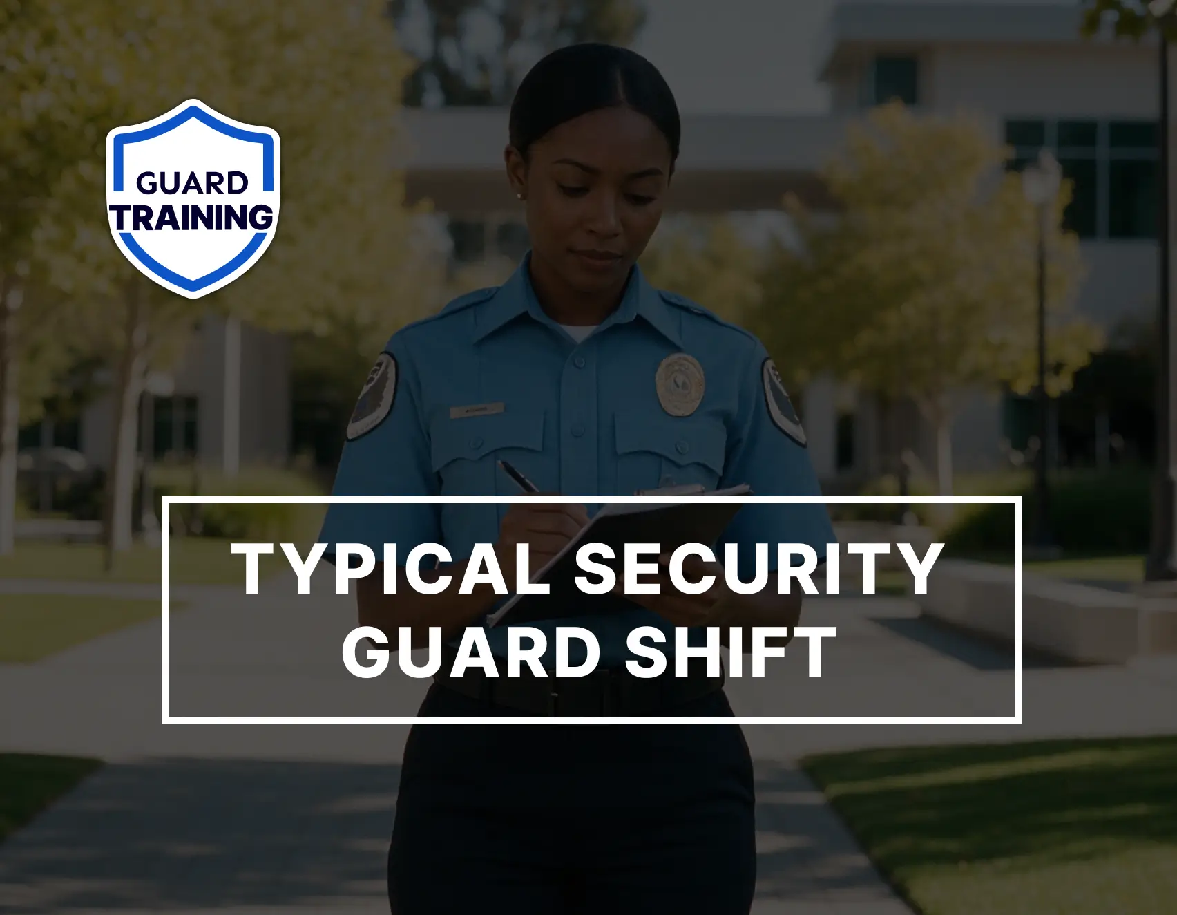 Security guard writing notes on a clipboard outdoors, with the Guard Training logo and the title “Typical Security Guard Shift.”